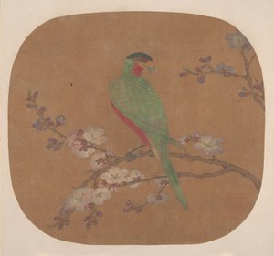 开花的树枝上的鹦鹉。 作者 不明