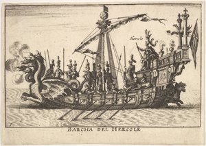 图1：大力神Barcha del Hercole的船，头上有龙的船首和大力神，1664年。 作者 不明