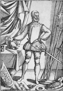 贾科莫·迪·格拉西（Giacomo Di Grassi）的肖像，展示了他教给学生的武器用法，1575年，1936年 作者 不明