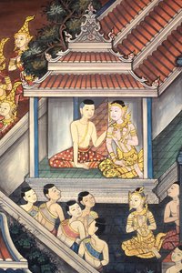 罗摩王子和西塔。 从拉玛三世国王时代起，维哈拉内墙上的壁画细节描绘了拉玛基安。 Wat Pho - Wat Phra Chettuphon。 1788. 曼谷。 泰国 作者 不明
