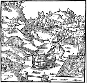 通过将天然盐水倒入燃烧的木炭坑中来生产盐，1556年 作者 不明