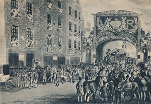 1837年11月9日，维多利亚女王在通往市政厅的路上进入城市。 作者 不明