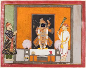 拉贾·拉姆·辛格（Raja Ram Singh）敬拜克里希纳（Krishna）为新郎布里（Brij Nathji），c。 1820年。 作者 不明