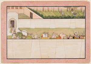 拉玛斯兄弟巴拉塔（Rharas Brothers Bharata）和沙特鲁纳（Shatrughna）从阿约提亚（Ayodhya）出发，找到拉玛（Rama）和拉克斯玛娜（Lakshmana），1775-80年。 作者 不明