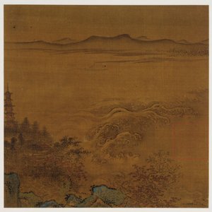 河流景观：一座佛塔，发泡的激流，远处的山丘，明朝，1368-1644年。 作者 不明