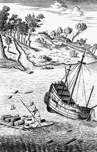 鲁滨逊·克鲁索（Robinson Crusoe）将自己的货物从船残骸中救出，c1719 作者 不明