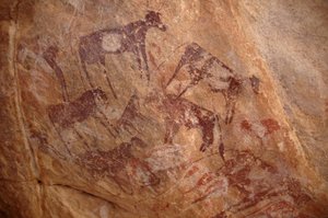 Rock art, Prehistory: Painting of a group of cattle and characters in an ornate shelter, in the Uweinat massif, Sudan (Karkur-Talh or Karkur Talh). Period from 8000 to 3000 years BC. Photography 作者 不明