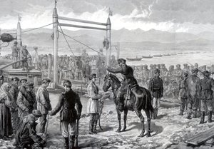 1882年，在军事陪同下的俄罗斯罪犯等待渡过西伯利亚叶尼塞河 作者 不明