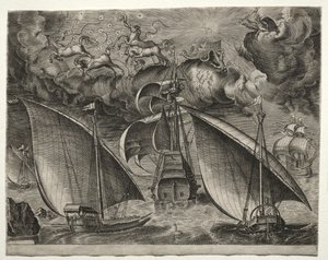 帆船：两艘厨房在辉腾公司的武装三船长船后面航行，1561-65年。 作者 不明
