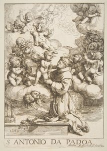 帕多瓦（Padua）的圣安东尼（Saint Anthony）崇拜基督儿女，复制于坎塔里尼（Cantarini），1640年。 作者 不明