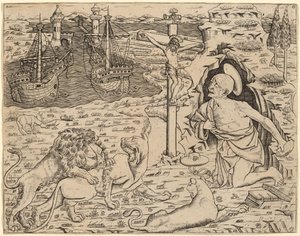 忏悔中的圣杰罗姆，与港口中的两艘船，约1480-1500年。 作者 不明
