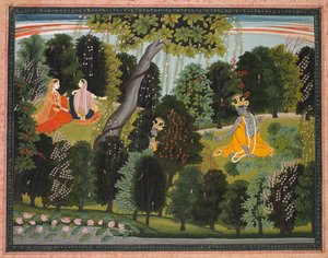 Sakhi说服Radha与Lambagraon Gita Govinda的Krishna会面...，c。 1820年至1825年。 作者 不明