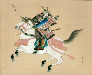 武士骑马。传统日式丝绸画 作者 不明