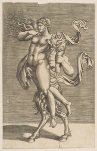 萨特（Satyr）举着若虫，约束她的右臂，约。 1515-1600。 作者 不明