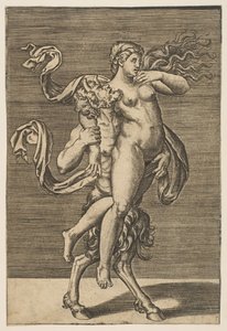 萨特（Satyr）举着若虫，约束她的右臂，约。 1515-1600。 作者 不明