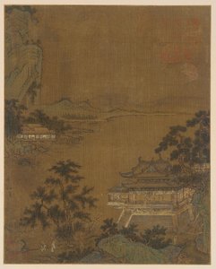 学者到达河边亭，明朝，15世纪。 作者 不明