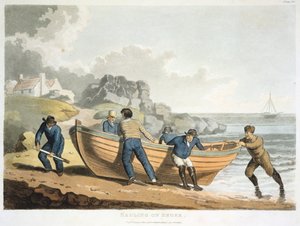 海员将熟料建造的小艇拖到岸上，1821年 作者 不明