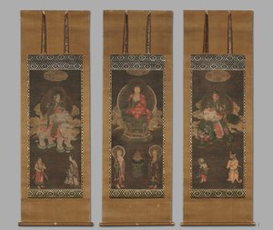 释迦牟尼三太子：文殊菩萨和萨摩诃萨出席的佛陀，1300年代末。 作者 不明