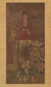 释迦牟尼与罗汉、天王和男孩，17世纪初。 作者 不明