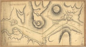 克林顿要塞和蒙哥马利要塞略图，1777 年 10 月 6 日被少将亨利-克林顿爵士（K.B. Henry Clinton）指挥的部队攻克。1777 年 10 月 6 日，由英国陆军中将、新约克及其属地总司令亨利-克林顿爵士（K.B. Henry Clinton）指挥的部队攻克。 作者 不明