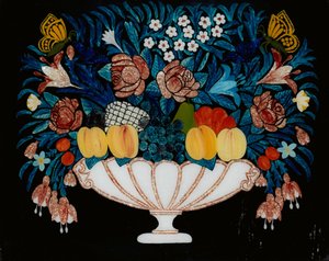 静物画-白色和粉红色碗中的花朵和水果，1840-60。