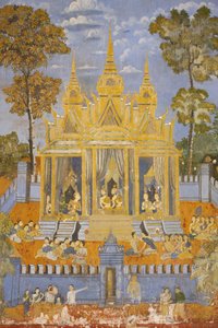 Sylver Pagoda 这幅壁画描绘了 Reamker 的场景，它是柬埔寨或高棉经典印度诗歌《罗摩衍那》的版本，柬埔寨金边 作者 不明