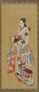 高个子女孩，衣服上有ho-o鸟和kiri花的图案，江户时期，1615-1868。 作者 不明