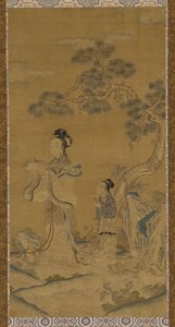 挂毯：松树下的道教女仙和侍者，明朝，1368-1644年。 作者 不明