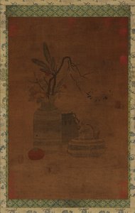 挂毯：一个碗，两个罐子，花和水果，可能是明朝的，1368-1644。 作者 不明