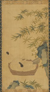 挂毯：鸽子在碗里洗澡，岩石和竹子，可能是明朝的，1368-1644。 作者 不明
