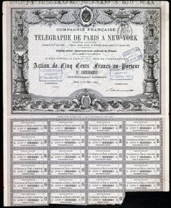 电报，一般巴黎 - 纽约电报股票证书，1879 年 3 月 27 日 作者 不明
