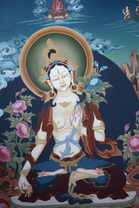 描绘白度母的唐卡，佛教中长寿的象征，尼泊尔巴克塔普尔。