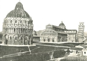 意大利比萨的洗礼池，大教堂和斜塔，1895年。 作者 不明