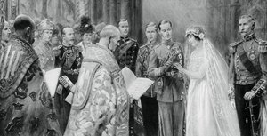约克公爵于1923年4月26日将戒指戴在伊丽莎白·鲍伊斯·里昂斯夫人的手指上 作者 不明