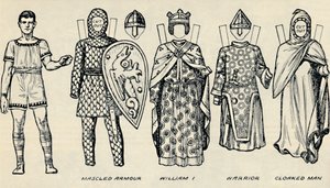 英国服装画廊：诺曼时代人们穿着的连衣裙，c1934 作者 不明