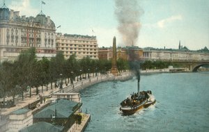 维多利亚堤防和伦敦泰晤士河上的轮船，摄于1907年。 作者 不明