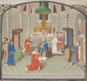 鲍德温一世（Baldwin I）的加冕典礼，在1100年圣诞节那天进行。蒂斯托尔（William of Tyre）威廉·提尔（1460年代）的历史缩影 作者 不明