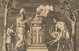 右半身裸体男子握住的一只公羊的牺牲，左半身带头巾的牧师用... 1515-1600。 作者 不明