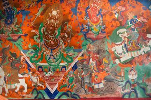 藏传佛教； 大会堂的旧壁画； 用弓箭战斗的恶魔； Trakthok Gompa 寺； Leh 附近的 Sakti； 拉达克区； 查谟和克什米尔； 印度; 南亚; 亚洲 作者 不明