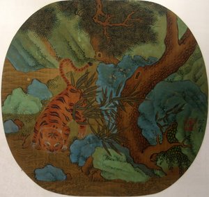 老虎从小溪里喝水。 作者 不明