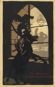 格林兄弟（Brothers Grimm）的《不来梅镇音乐家》一书的标题设计，1910年代 作者 不明