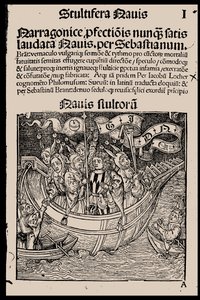 塞巴斯蒂安·布兰特（Sebastian Brant）的《愚人船》（Ship of Fools）的标题页，1497年。 作者 不明