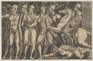 图拉真（Trajan）与达契亚人（Dacians）作战，图拉真（Trajan）在马背上朝着一群人骑马... 1515-1600。 作者 不明