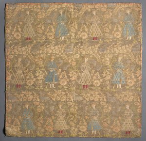 1650-1699年，玫瑰花丛中的斜纹布与鹰猎手编织在一起。 作者 不明