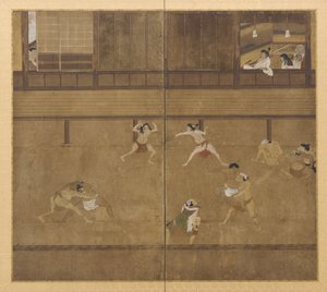 描绘摔跤手的两扇屏风，江户时期，17世纪。 作者 不明