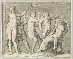 两位人物，《福恩》（Faun）和《色情狂者》（Satyr）接近《躺着的女人》（Recliniing Woman）。 1599-1622。 作者 不明