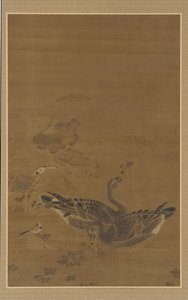 两只鹅在荷花池中觅食，明代，16-17世纪。 作者 不明