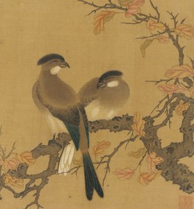 枝头的两只凤头鸟，秋叶，清代，18世纪。 作者 不明