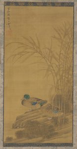 水边芦苇丛中的两只鸭子，明或清代，15-18世纪。 作者 不明
