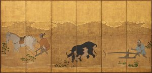 两位农民在稻田中耕作和耙地，江户时期，1615-1868年。 作者 不明